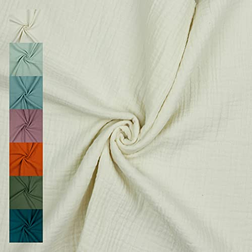 VmG-Store Musselin Double Gauze 61 Farben Meterware Stoff Tex 100 Uni (50 x 135cm) (010 I Off Weiß)