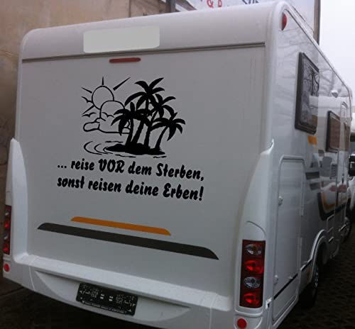 Autoaufkleber: 'Reise vor dem Sterben' - Wohnmobil, Palmen (Schwarz - 450 mm x 350 mm)