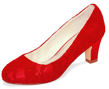 Emily Bridal 1505-1 Women's Wedding Shoes Closed Toe 2.56 Inches Chunky Heel Lace Satin Pumps Bridal Shoes (EU38/UK5, Red)