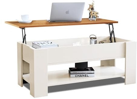 Coffee Table With Storage, Lift Up Coffee Table For Living Room, Wooden Coffee Tables With 1 Shelf Large Hidden Storage Rectangular Lift-Top Sofa End Tea Table for Living Room Furniture, Cream / Pine