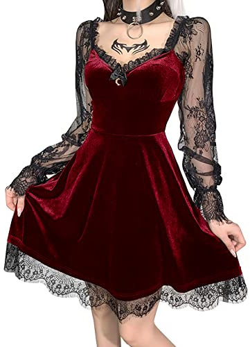 SEAUR Gothic Kleid Damen Minikleid Retro Vintage Steampunk Rock Kleider Karneval Party Club Wear Cosplay Kostüm Fasching - M