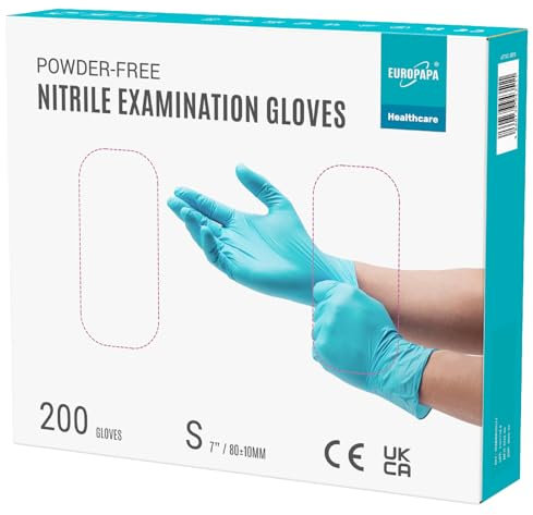 EUROPAPA® 200 guanti usa e getta in nitrile senza polvere EN455 EN374, guanti monouso senza lattice, taglie S, M, L & XL disponibili (S, Azzurro)