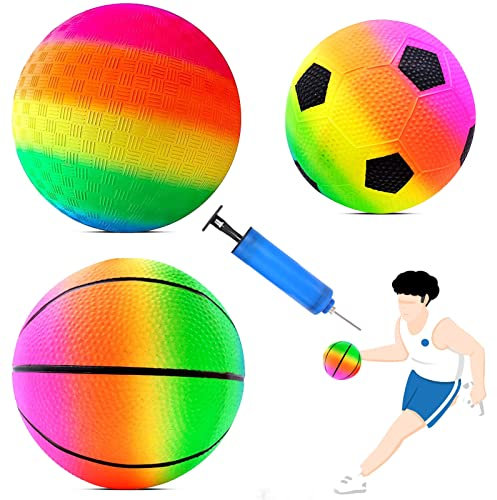 GAROMIA Bouncy Ball 3 Stück Regenbogen Ball Fußball Softball Fußball Basketball 8,5-Zoll PVC Bouncy Kickball Kinderspielball für Drinnen und Draußen Kinder Strandball mit Pumpe Kinder Spielball