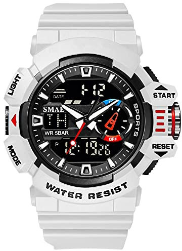 Forrader Reloj deportivo digital para hombre, resistente al agua, con cronómetro, alarma, cuenta regresiva, pantalla dual, relojes militares multifunción, blanco, pulsera