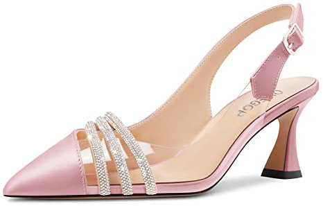 OISEGOP Donna Chunky Blocco Medio Tacco Heel a Punta Pumps Slingback Slip-on Diamante Cristallo da Matrimonio Clear 6 CM Heels Rosa 41 EU