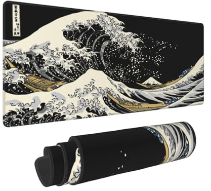 Black White The Great Wave Off Kanagawa Mauspad, XL, erweiterte Matte, rutschfeste Gummiunterseite, genähter Rand, Gaming-PC, Desktop, großes Mäusepad, 80 x 30 cm