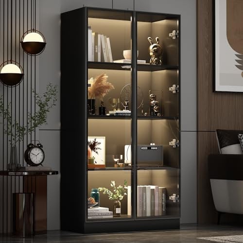 DEZAGCE Vitrine en Verre avec éclairage,Meuble de Rangement avec Etagères,Armoire Multifonction en Verre Debout avec étagères à 4 Niveau, Armoire de Salon,40 x 160 x 80 cm,Noir