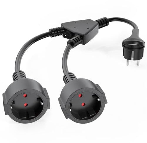 Verlängerungskabel mit 2 Fach Steckdosen und 2M Flachstecker, AOUOO 2 Fach Schuko Y Verteiler, 1.5 mm² Flexible Kable, 16A/250V, IP20 Wasserdicht, für Zuhause, Büro Schwarz