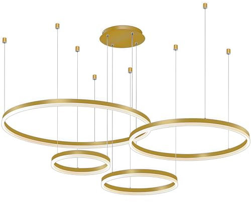 YYUTLUO Moderner DIY-Kreis-LED-Kronleuchter | 4 Golden Goldringe:40+60+80+100cm=120W| LED-Pendelleuchte aus Metall+Acryl |2,4 G Dimmbare Fernbedienung | Runde Decken-Hängelampe Wohnzimmer Schlafzimmer