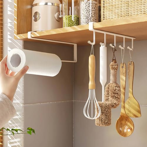 KEINEUX 2 Pieces Cabinet Organizers, under Shelf Storage Paper Towel Holder Mug Hooks Kitchen Organization Accessories for Hanging Roll Paper towels Coffee Cups Cooking Utensils, Metal (White)