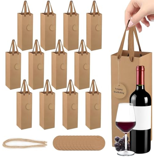 NICKLIN Geschenktüten Flaschen,Weintasche,12 Stück Kraftpapier Wein Flaschentüten Set,Geschenktaschen Wein Recycelbarer,Weinbeutel mit Karte und Hanfseil Griff,Flaschentüten für Weihnachten Party