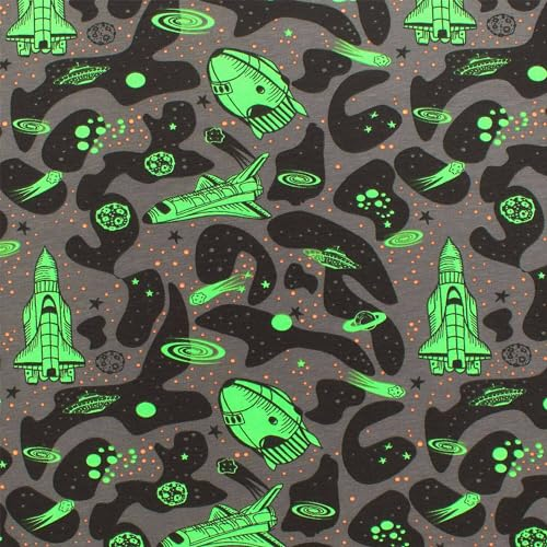 Jersey Stoff Weltraum, Raketen im Weltraum, neon grün/grau (Länge am Stück: ab 50cm / Breite: 145cm)