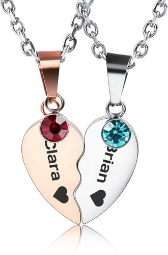 OTXIXTO Personalisierte Herz Halskette für Männer Frauen Herz Rätsel Passende Halskette für Paare Edelstahl Individuelle Gravur Name/Datum Herz Anhänger Halsketten Satz mit Geburtssteinen (Stil B3)