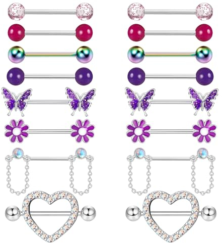 CASSIECA 8 Paar 14G Nippelpiercing Chirurgenstahl für Damen Brustwarzenpiercing Zungenpiercing Edelstahl Nippel Piercing Schmetterling Herz Barbell Piercing Körperschmuck Set für Frauen Mädchen