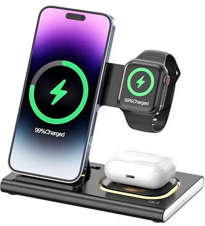 Kabellose Ladestation Induktion & LED Nacht – Schnellladegerät 4 in 1 mit Neigung für i-Phone, Air-Pods und i-Watch – Phone 15/14/13/12/11 Pro & Max – Watch 8/7/6/SE/5/4/3/2 – Air-Pods Pro 2/3/