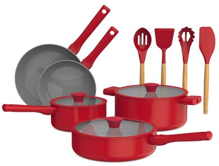 So Yummy by Bella 12 Piece Cookware Set w EverGood™ Ceramic Nonstick Coating​ and Silicone & Wood Utensils, Dishwasher Safe Silicone & Glass Lids, Oven Safe & All Stovetop Compatible, Red