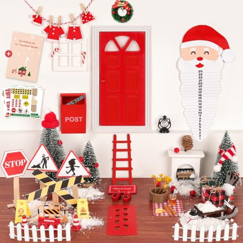 67Pcs Wichtel Zubehör Rot mit Briefen, Wichteltür Baustelle Zubehör Miniatur Wichtelhaus Picknick Kamin Elfenholz Kleidung Set, Adventskalender Wichtel Weihnachten Geschenk Feentür Leuchtend