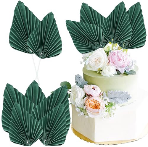 Ephlyn 6Pcs Paper Palm Fan Cake Topper Palm Leaf Fan Cake Pick Decoration for DIY Cake Bakeware Baby Shower Wedding Bridal Shower Birthday Anniversary Party Cake Decorations Green