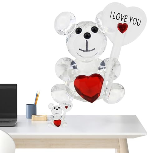 Kristallbär, Kristallbär-Figur, „I Love You“ -Schild, Hübsches Glasornament, „I Love You“ -Schild, Sammlerstück, Kunsthandwerk aus geschliffenem Glas, Romantisches rotes Herz, hübsche Tierstatue für