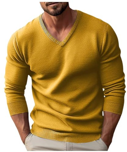Cexiakong Jersey de punto para hombre, cuello de pico, jersey básico de invierno, cálido, suéter de trabajo, para otoño e invierno, manga larga, holgada, amarillo, M