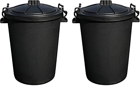 𝗦𝗲𝘁 𝗼𝗳 𝟮 x 50L Litre Large Heavy-Duty Weather Resistant Plastic Dustbin Refuse Bin Trash Can Garbage Bin with 2 Clip Locking Lid for Indoor Outdoor Storage Container of Animal Feed (Black)