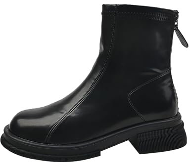 Generisch Stivaletti da donna eleganti con fondo in gomma tacco goffo – Chelsea Boots da donna con chiusura lampo – Nero Stivali corti da donna comodi in pelle – Stivali in vernice antiscivolo alla