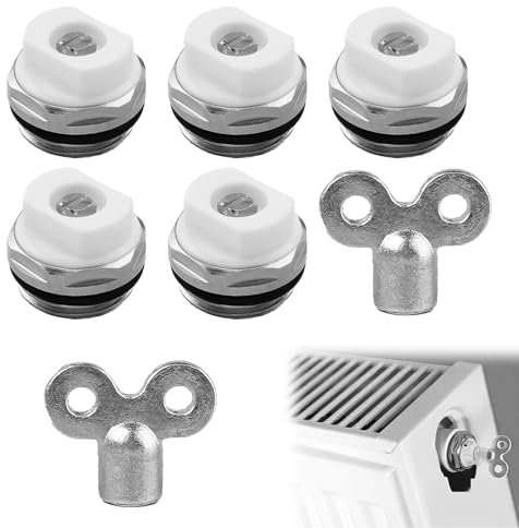 5 Válvulas de Ventilación de Radiador con 2 Llaves para Purgar, Válvulas Manuales de Latón Niquelado de 1/2 Pulgada, Adecuadas para Mejorar la Eficiencia del Sistema de Calefacción Central