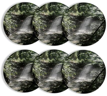 Untersetzer aus rundem Korkboden - Fluss unter Holz, Sonnenstrahlen Natur, 6 Stück (95 x 95 mm)