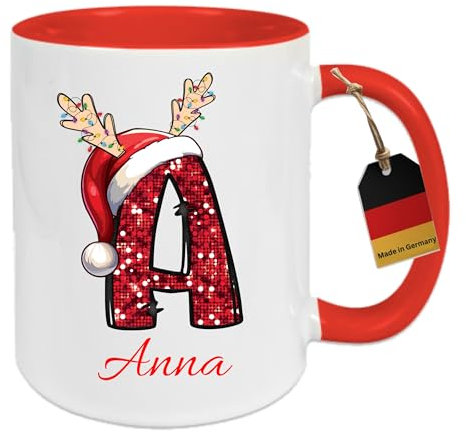 HD PRINT4YOU Personalisierte Tasse - Tasse mit Namen Weihnachtsmotiv - mit Ihrem Anfangsbuchstaben und Namen - personalisiert - Beidseitig - Tasse Weihnachten - Geschenke für Frauen