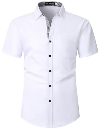 YAOBAOLE Camisas para hombre, manga corta, sin planchado, con botones, elásticas, para negocios, bodas, con bolsillo en el pecho, Blanco, 3XL
