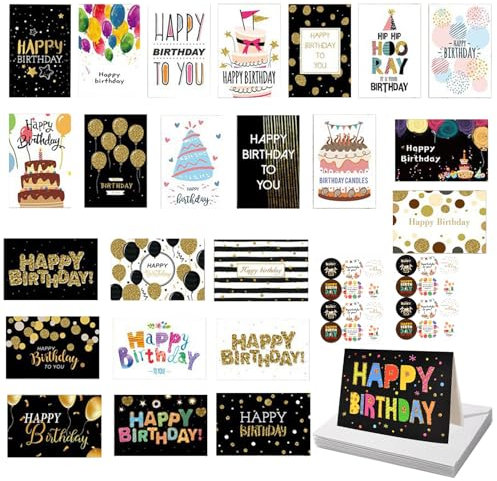 Geburtstagskarten Set mit Umschläge 24 Stück Glückwunschkarten Postkarten zum Geburtstag Glückwunsch Klappkarten mit Umschlägen, Blanko Karten für Geburtstag für Familie & Freunde