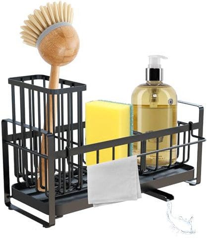 WATUNID Küche Spüle Caddy, 304 Edelstahl Schwammhalter für Küchen Organizer, Schwammhalter Küche mit Abnehmbaren Abfluss Tray & Partitionen, Muttikorb Küchen Gadgets Zubehör (Schwarz)