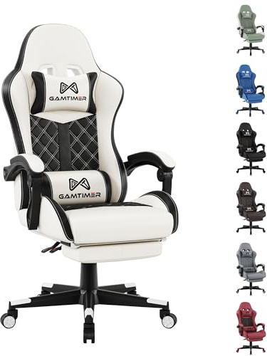 Gamtimer Gaming Chair with Footrest, Ergonomic Computer Chairs, Reclining High Back PU Leather Racing Gamer Chair with Headrest and Lumbar Support, Height Adjustable Video Game Chair for Adult, White