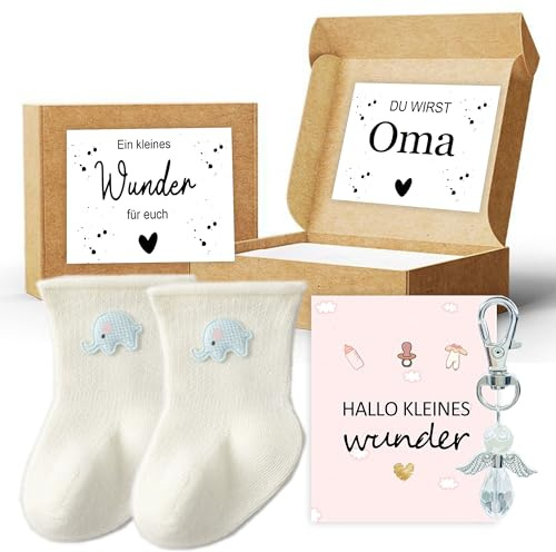 MKISHINE Baby Geschenkset 'Du wirst Oma', Babysocken mit Elefant-Motiv, Grußkarte und Geschenkbox, Schwangerschaft Verkündung für Großeltern