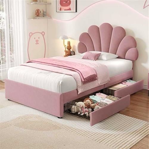 BTM Upholstered Single Bed with 2 Drawers and Adjustable Petal Headboard, Soft Velvet Single Bed Frame with 2 Storage Drawers and Solid Wood Slat, 3ft-90x190cm, Pink (No Mattress)