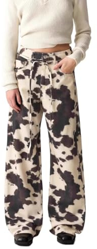 heyheyshine Hose mit Kuhmuster für Herren und Damen, weites Bein, Y2K-Träger mit Kordelzug, Streetwear, Baggy-Hose mit Taschen, Kuhfarbe, M
