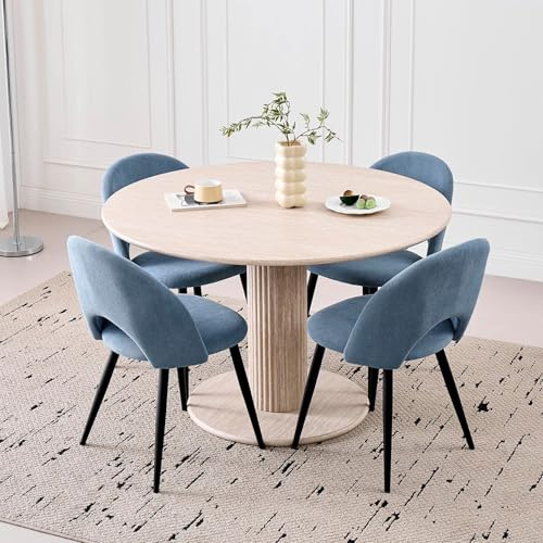 DEYARNA HOME 115cm Runder Esstisch mit 4 Esstischstühlen, Küchentisch aus MDF (Travertin-Maserung) und 4 Stühle für Küche, Esszimmer, Wohnzimmer und Büro (Blau)