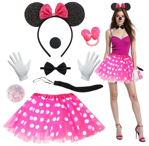 8 Pcs Maus Kostüm Kinder Damen Rosa Rot Tutu mit Mini Maus Ohr Stirnband Fliege Handschuhe Nase Schwanz Gesicht Aufkleber Pailletten Haarband Tierkostüm Verkleidung für Welttag des Buches Karneval