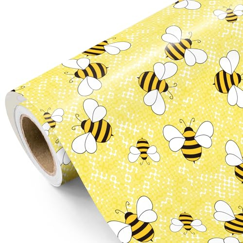 RUSPEPA Hochzeits-Geschenkpapier mit Bienenmotiv – Mini-Rolle – 43,2cm x 5m – Leuchtend gelbes Bienen-Geschenkpapier, perfekt für Brautpartys, Hochzeiten, Geburtstage und Babypartys