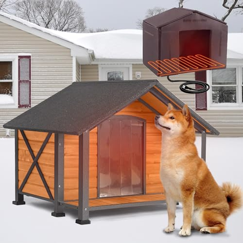 MEDEHOO Beheizte Hundehütte, Outdoor Hundehütte isoliert für den Winter mit Heizkissen, Wetterfeste Hundehütte aus Holz mit Veranda, Eisenrahmen, Dach zu öffnen & abnehmbarem Boden