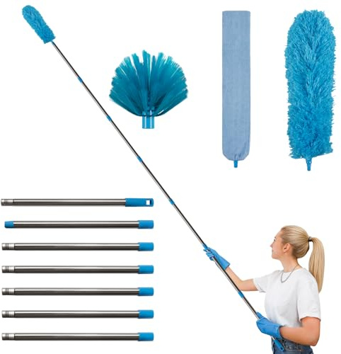 Terafeels 122in / 310 cm Feather Duster Extendable for Cleaning, Long Handled Duster on a Stick, Cobweb Brush Extendable (Blue)
