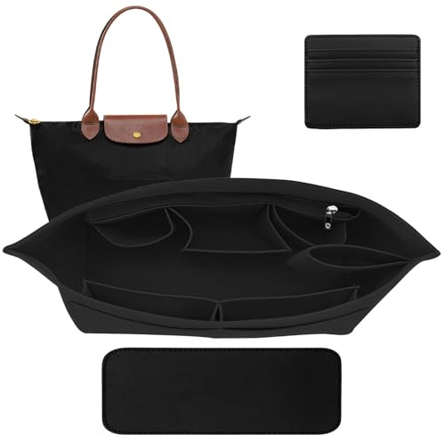 BORISCA Bag Organiser Insert Compatible with Longchamp Multi-Pocket Felt Handbag Organizer Insert with Zipper Credit Card Holder Wallet Folding Tote Bag Organiser Insert Compatible with Longchamp
