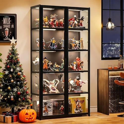 Vitrina de 5 pisos de pie, armarios Curio, estantería con puertas, puertas acrílicas transparentes, vitrina de coleccionista para sala de estar, oficina, libros, sala de juegos (Doble puerta negra)