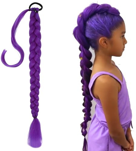 MUNSKT Haarverlängerung, Violett, 61 cm, gefaltet, Pferdeschwanz, vorgeflochten, mit Gummiband, 100 g + Haarringe, für Cosplay, Halloween, Shows