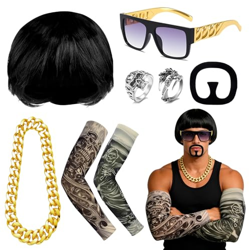Athora 7Pcs Final Boss Costume Set for Adults, Bowl Cut Wig, Sunglasses, Fake Mustache, Necklace, Tattoo Sleeve,90s Meme Cosplay Ibiza Outfit, for Music Festivals Halloween Rave Party