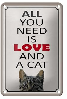 Femer Tin Sign with Saying 12 x 18 cm All You Need Is Love and a Cat Decorative Sign