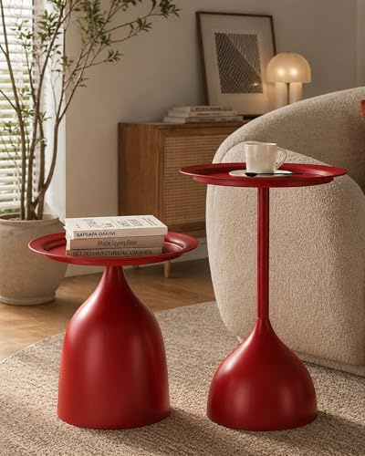 Xinyvee Beistelltisch Rund Rot 2er Set Metall Coffee Table für Wohnzimmer & Balkon, Moderner Sofatisch Red Wetterfester Kleiner Beistelltisch für Deko Schlafzimmer, Ø40 cm, 42+60cm Hoch