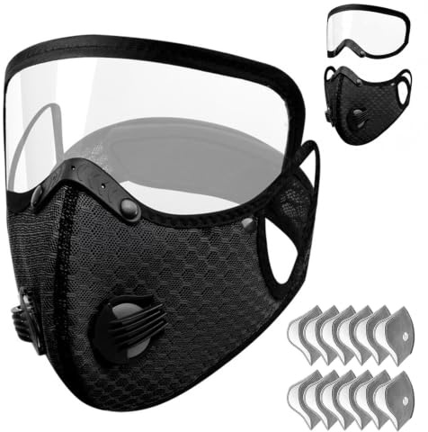 Reusable Carbon Filter Dust Mask with Adjustable Goggles, 5-Layer Filter Wiederverwendbare Staubmaske Radfahrmaske mit 10 Filtern, Winddichte Gesichtsmaske für Holzbearbeitung, Radfahren