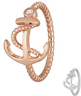 Treuheld® | Anker Ring aus 925 Sterling Silber | Roségold mit Zirkonia Kristall Steinen | Ringgröße 60 | Größe Schiffsanker: 12 x 15mm | Damen
