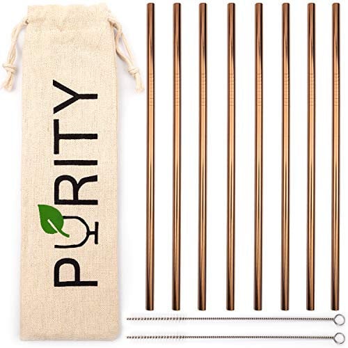 PURITY 8 Stück Edelstahl Strohhalme in Roségold, mit 2 Reinigungsbürsten und Stoffbeutel, wiederverwendbar und spülmaschinenfest